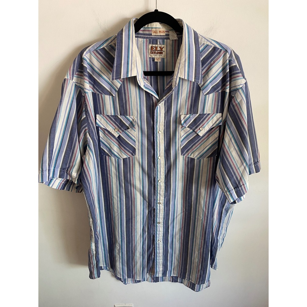 Ely Cattleman Mens 2XL Tall Western Pearl Snap Shirt Short Sleeve Striped Blue